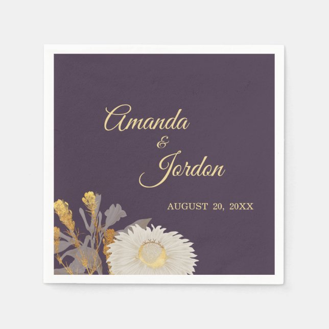 Purple Daisy Antique Wedding Cocktail Napkin (Front)