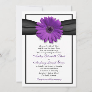 Purple Daisy Black Ribbon Wedding Invitation