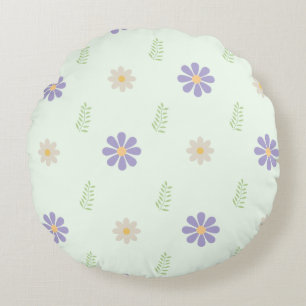 Purple Daisy & Fern Sprig Pattern Round Pillow