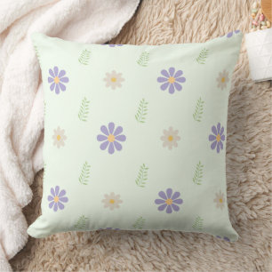Purple Daisy & Fern Sprig Pattern Throw Pillow
