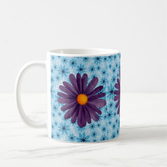 Purple Daisy Floral Pattern White Classic Mug (Gauche)