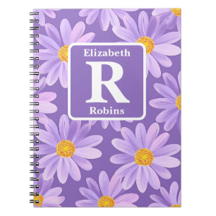 Purple Daisy flower blossoms personalized Monogram Notebook