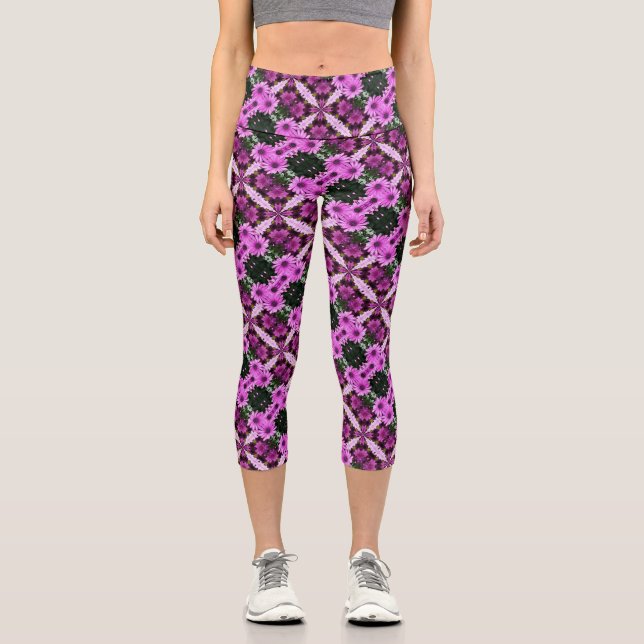 Purple Daisy Flowers Abstract Design     Capri Leggings (Front)