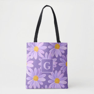 purple daisy flowers personalized monogram  tote bag