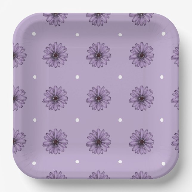 Purple daisy flowers polka dots botanical lilac pa paper plate (Front)