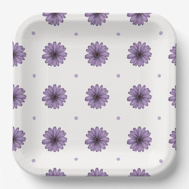Purple daisy flowers polka dots fun botanical pape paper plate (Front)