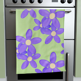 Purple Daisy Green Retro Flowers Kitchen Towel