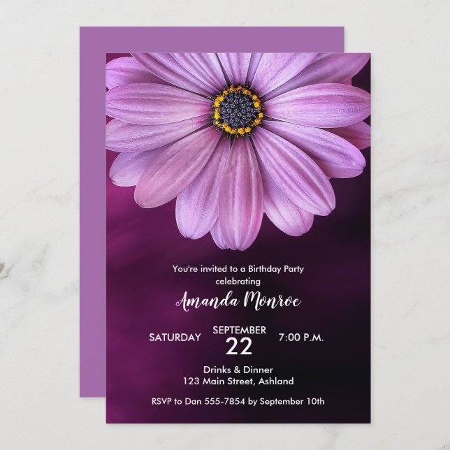 Purple Daisy Invitations de fête d'anniversaire (Devant / Derrière)