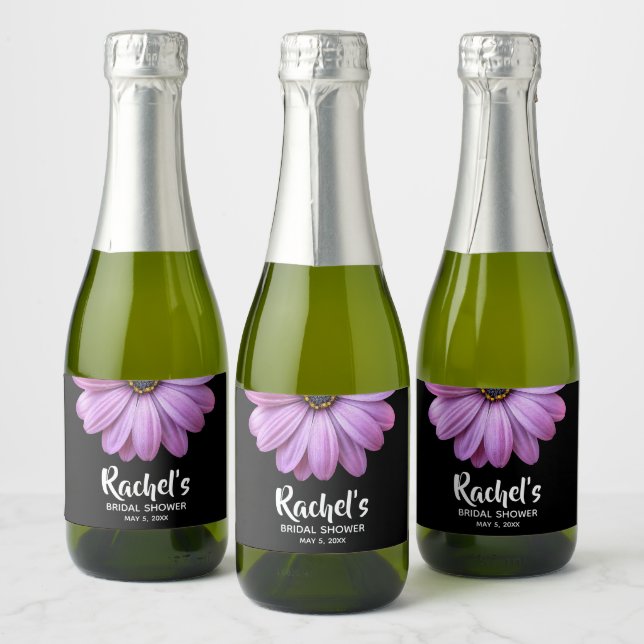 Purple Daisy on Black Bridal Shower Mini Sparkling Wine Label (Bottles)
