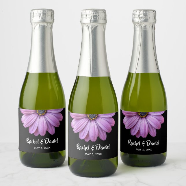 Purple Daisy on Black Mini Sparkling Wine Label (Bottles)