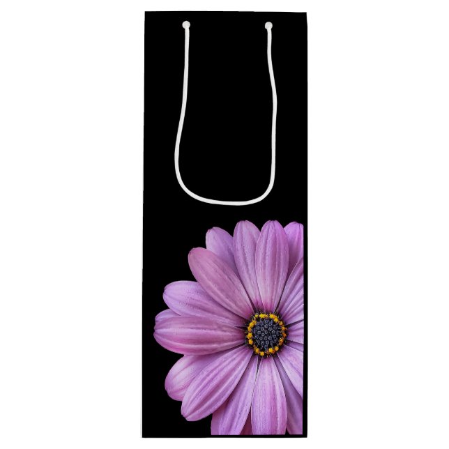 Purple Daisy on Black WINE Gift Bags (Front)