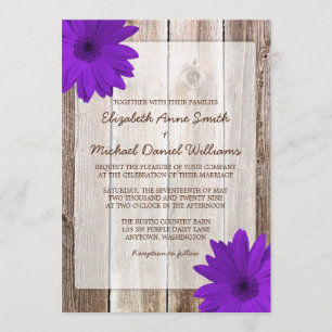 Purple Daisy Rustic Barn Wood Wedding Invitation