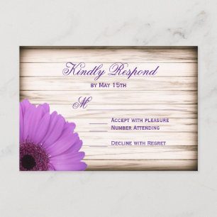 Purple Daisy Rustic Wood Wedding Cartes RSVP