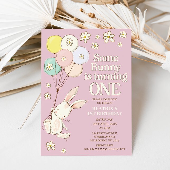 Purple Daisy Some Bunny Turning One 1st Birthday Invitation (Modern some bunny is turning one 1st birthday invitation with balloons and daisies.)