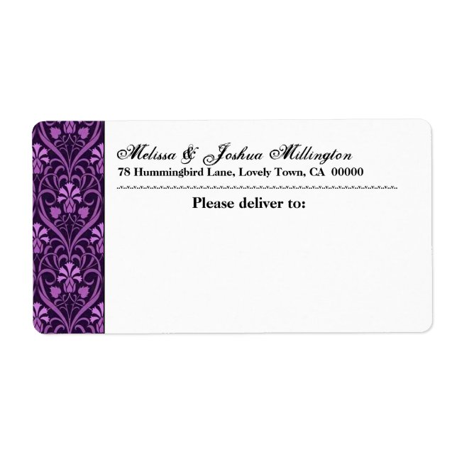 Purple Damask Address Wedding Label (Front)