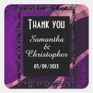 Purple damask and black thank you square sticker