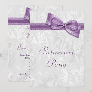 Purple Damask and Faux Bow Retirement Invitation