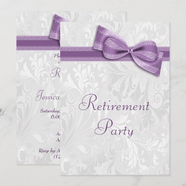 Purple Damask and Faux Bow Retirement Invitation (Front/Back)