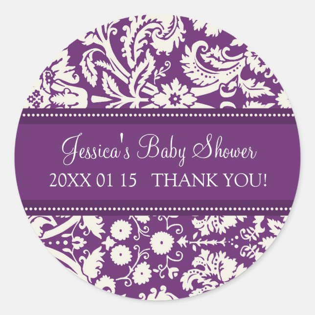 Purple Damask Baby Shower Favour Stickers (Front)