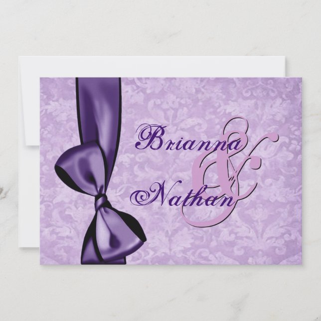 Purple Damask Bow Wedding Invitation (Front)