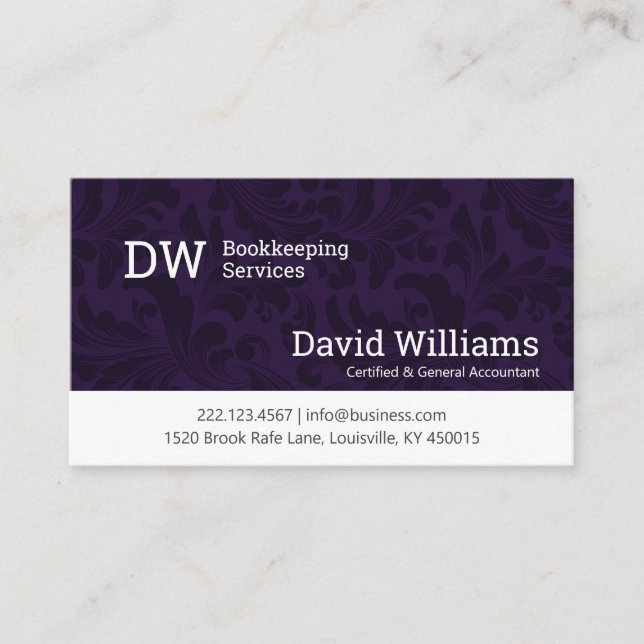 Purple Damask Carte de visite de comptabilité/comp (Devant)