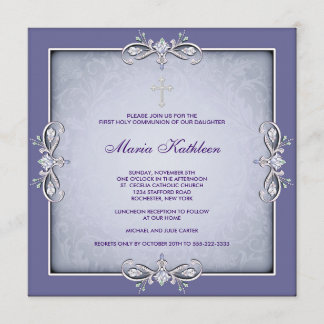 Purple Damask Cross Girls First Communion Invitation