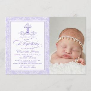 Purple Damask Cross Girls Photo Baptism Invitation