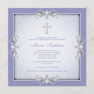 Purple Damask Cross Girls Purple First Communion Invitation
