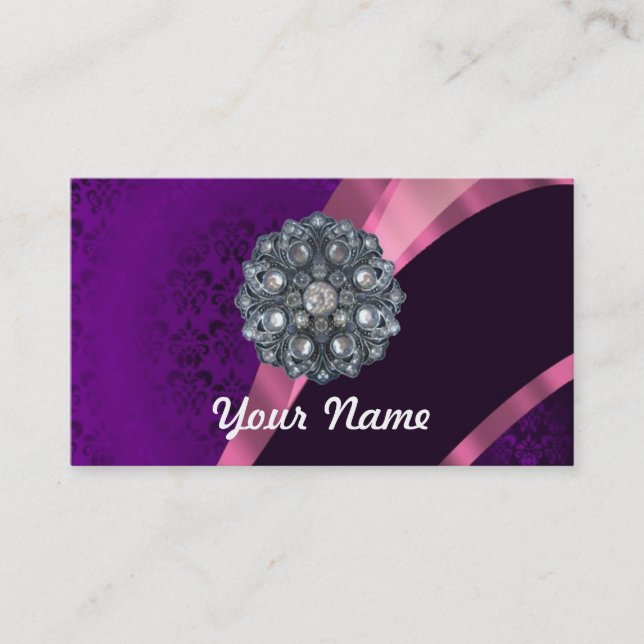 Purple damask & crystal business card (Front)