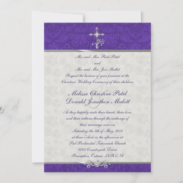 Purple Damask Double Ceremony Wedding Invitation (Front)