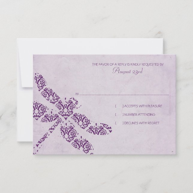 Purple Damask Dragonfly Wedding RSVP Card (Front)