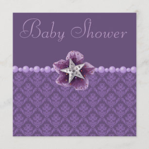 Purple Damask, Flower, Star & Pearls Baby Shower Invitation