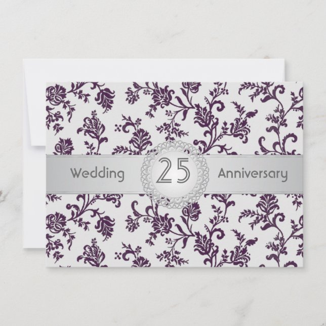 Purple Damask flowers, 25th Wedding Anniversary Invitation (Front)