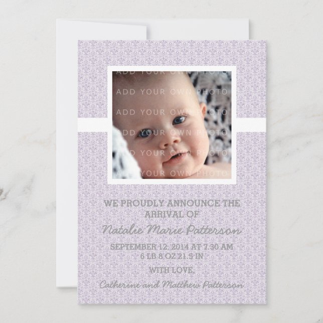 Purple Damask Frame Photo Baby Announcement (Front)