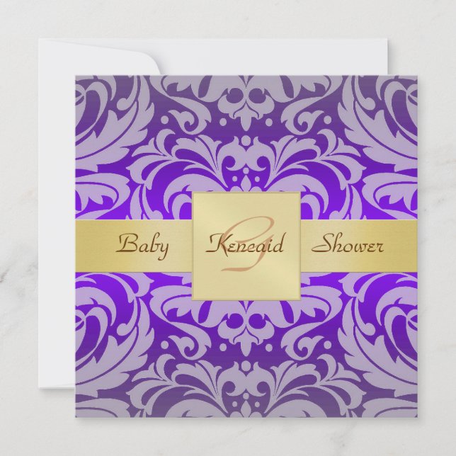 Purple Damask Gold Ribbon Baby Shower Invitation (Front)