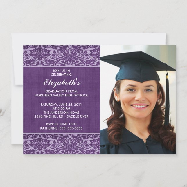Purple Damask Graduation Invitation avec photo (Devant)