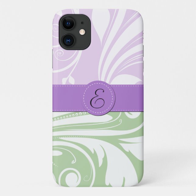 Purple Damask, Green Damask, Monogram Case-Mate iPhone Case (Back)