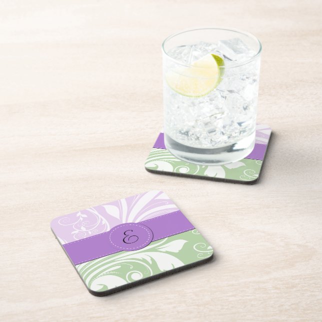 Purple Damask, Green Damask, Monogram Coaster (Right Side)