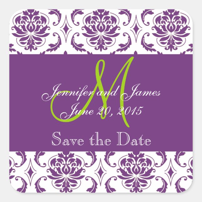 Purple Damask Green Monogram Save the Date Sticker (Front)
