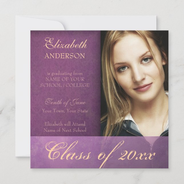 Purple Damask Grunge Graduation Announcement (Front)