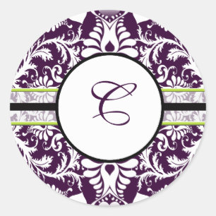 Purple Damask Initial Sticker Letter C Wedding