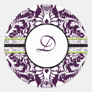 Purple Damask Initial Sticker Letter D Wedding