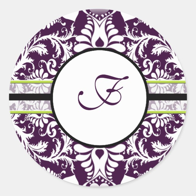 Purple Damask Initial Sticker Letter F Wedding (Front)