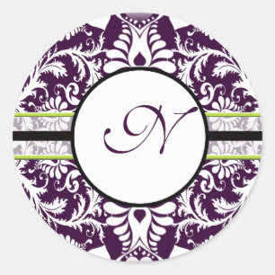Purple Damask Initial Sticker Letter N Wedding