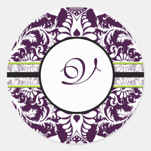 Purple Damask Initial Sticker Letter V Wedding (Front)