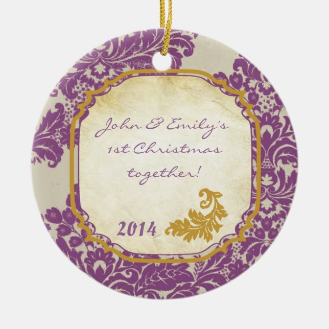 Purple Damask Lace Gold Personalized Name Ornament (Front)