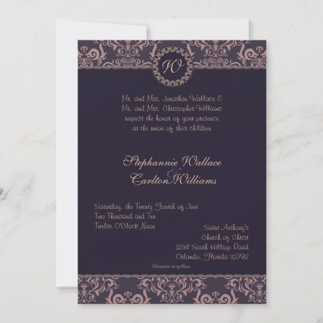 Purple Damask Lace Wedding Invitation (Front)