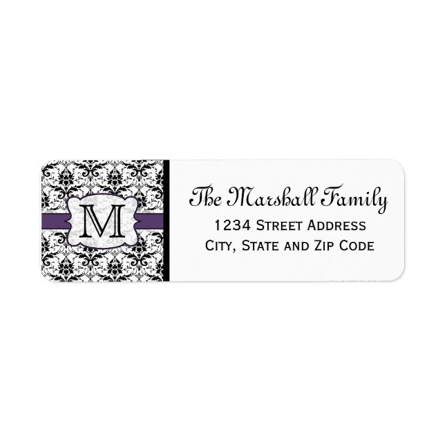 (Purple) Damask Monogram Return Address Labels (Front)