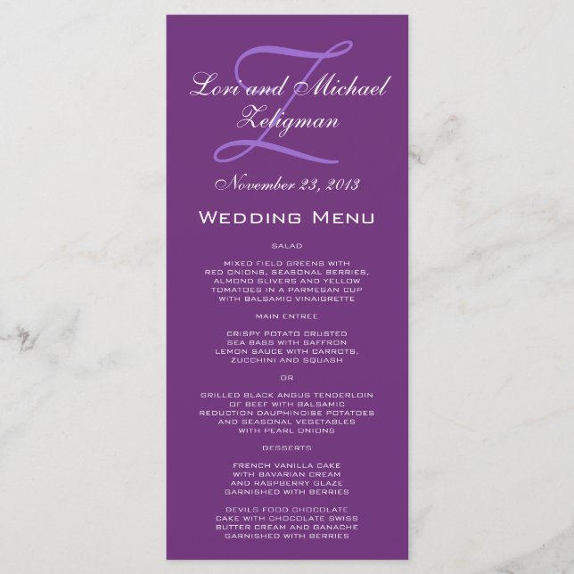 Purple Damask Monogram Wedding Menu Cards (Front)
