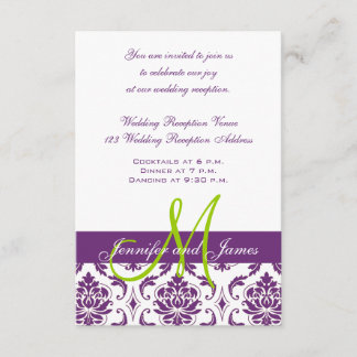 Purple Damask Monogram Wedding Reception Enclosure Card